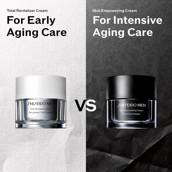 Shiseido Men Skin Empowering Cream 125 ml ansiktskrem mot aldring sammenlignet med Total Revitalizer Cream