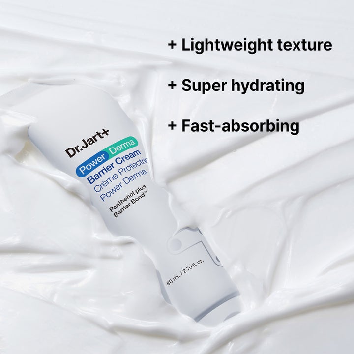 Dr.Jart+ Power Derma Barrier Cream 80 ml ansiktskrem i hvit tube med lett fuktighetsgivende og hurtigabsorberende tekstur.