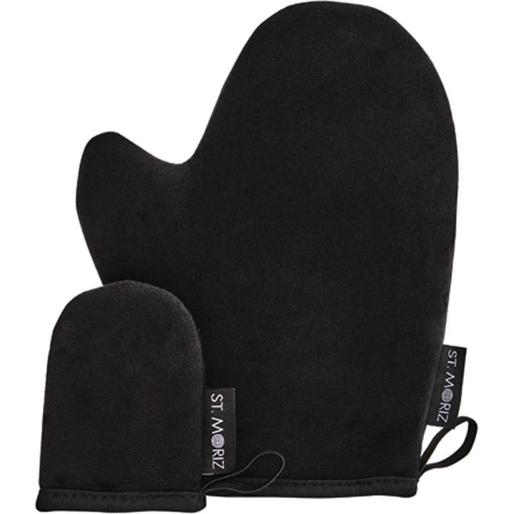 St. Moriz Velvet Tanning Mitt Duo 2-pack for jevn selvbruning med to svarte fløyelshansker i ulik størrelse