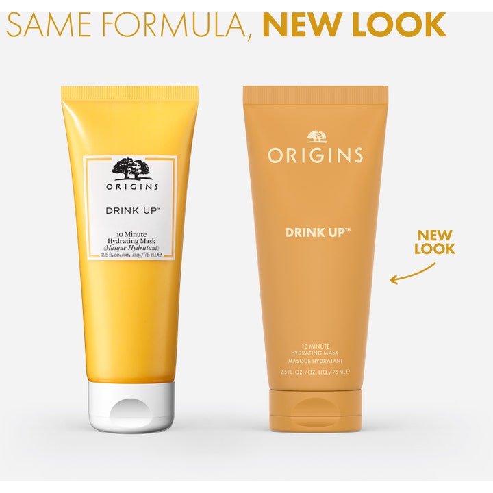 Origins Drink Up 10 Minute Mask 75 ml fuktighetsgivende ansiktsmaske som viser gammel og ny emballasje