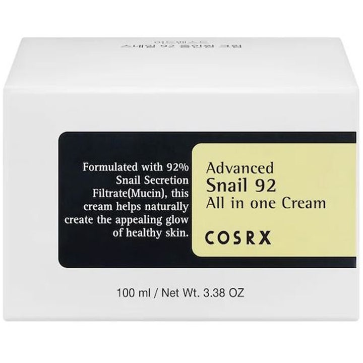 COSRX Advanced Snail 92 All in one Cream 100 ml ansiktskrem med snigelsekret i hvit eske som gir naturlig glød