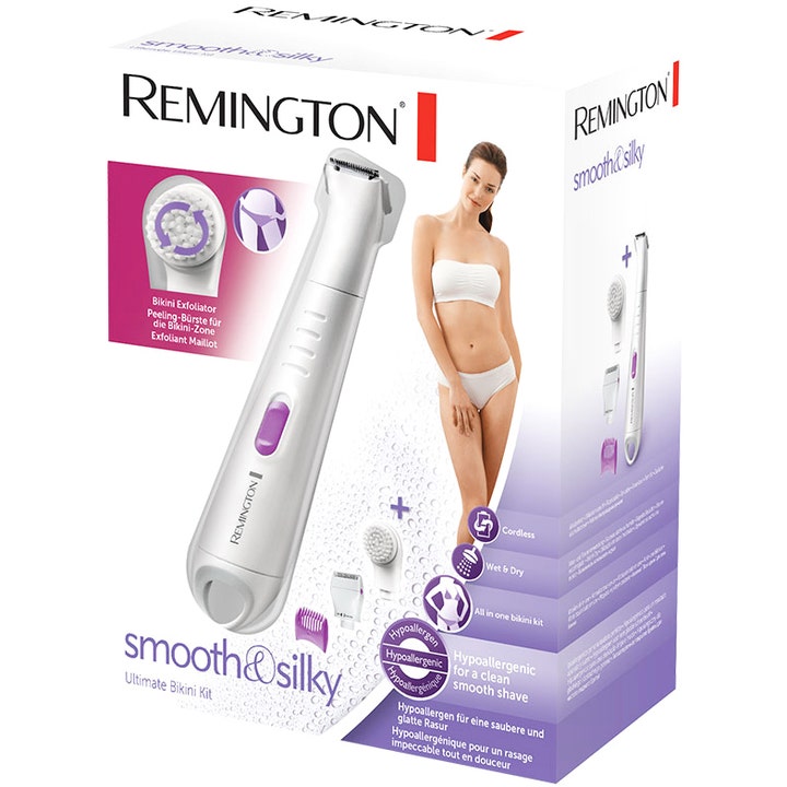 Remington Smooth & Silky WPG4035 Ultimate Bikini Kit i hvit eske med bilde av trimmer og tilbehør for barbering