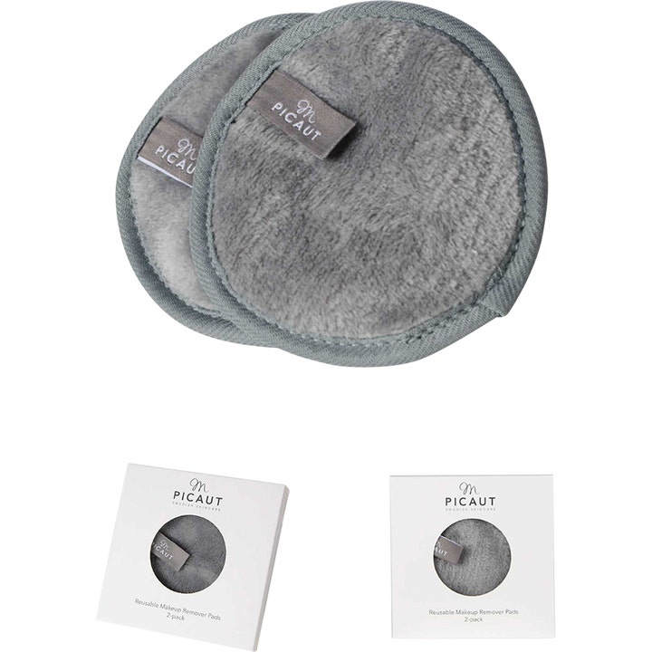 M Picaut Swedish Skincare Cleansing pads 2-pack gjenbrukbare pads fjerner sminke skånsomt i myk grå tekstil.