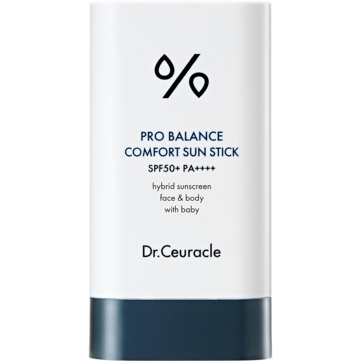 Dr. Ceuracle Pro Balance Comfort Sun Stick SPF50 balanserende solstift i hvit hylse med mørkeblå base og svart logo