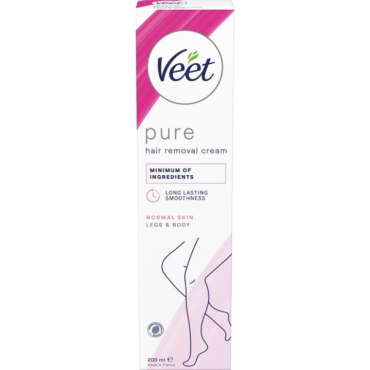 Veet Pure Hair Removal Cream 200 ml hårfjerningskrem for ben og kropp i hvit og rosa eske som gir glatt hud