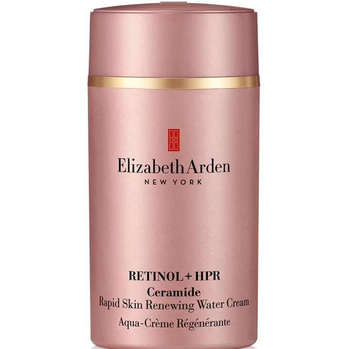 Elizabeth Arden Retinol + HPR Ceramide Rapid Skin Renewing Water Cream fornyende ansiktskrem i rosa metallisk beholder.