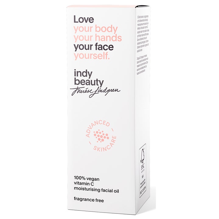 Indy Beauty Vitamin C Moisturising Facial Oil 30 ml vegansk ansiktsolje i hvit eske med rosa og sort tekst
