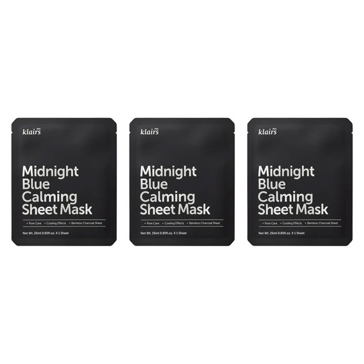 Klairs Midnight Blue Calming Sheet Mask 25ml beroligende ansiktsmaske i tre svarte porsjonspakninger.