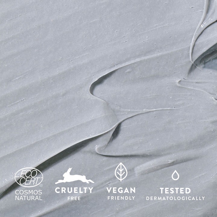 MÁDARA Peel Creamy Clay AHA Peel Mask 60 ml eksfolierende ansiktsmaske med kremet grå leiretekstur og veganske symboler.