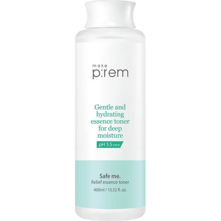 make p:rem Safe me. Relief essence toner 400ml fuktighetsgivende ansiktstoner i hvit plastflaske med lyseblått bånd