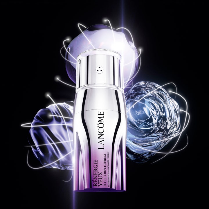 Lancôme Rénergie H.C.F. Triple Serum Eye 20 ml øyeserum som gir fasthet i sølvfarget flaske med lysende kuler.
