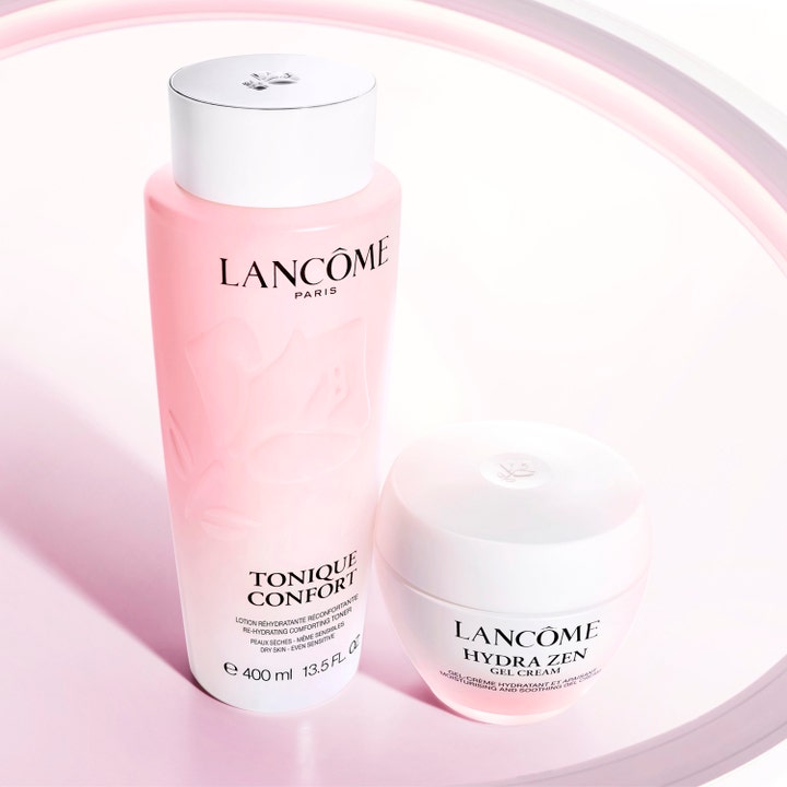 Lancôme Tonique Confort 400 ml beroligende toner i rosa flaske sammen med Hydra Zen fuktighetskrem