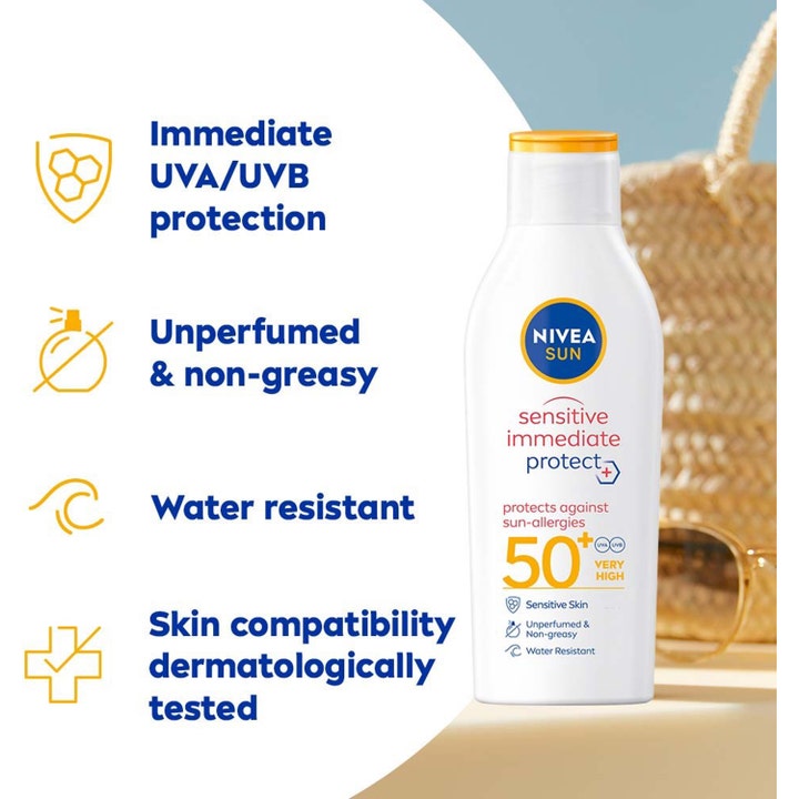 NIVEA Sun Sensitive Immediate Protect 200 ml solkrem SPF 50 i hvit flaske med ikoner for vannfast og uparfymert pleie