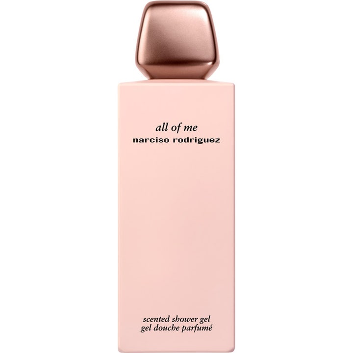 Narciso Rodriguez all of me duftende dusjgelé i en matt lyserosa rektangulær flaske med rosegullfarget kork.