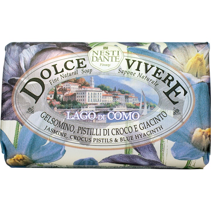 Nesti Dante Dolce Vivere Lago di Como 250g naturlig såpe i papir med motiv av Comosjøen og blå hyasinter