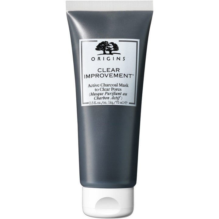 Origins Clear Improvement 75 ml ansiktsmaske med aktivt kull som renser porer i en mørkegrå tube med hvit kork.