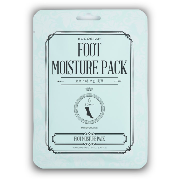 Kocostar Foot Moisture Pack 14 ml fuktighetsgivende fotmaske i en lys mintgrønn pose med vintage svart ramme og dekor.