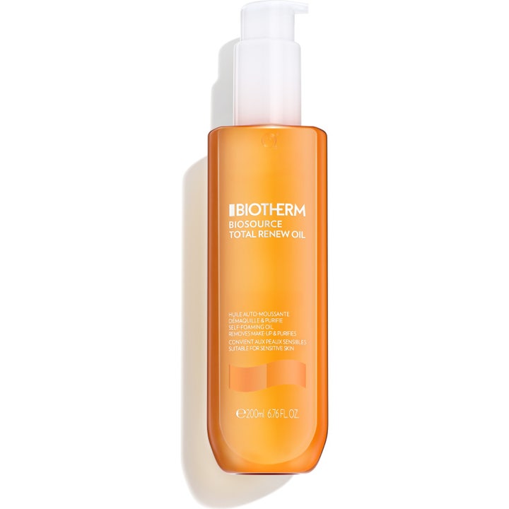 Biotherm Biosource Total Renew Oil 200 ml rensende ansiktsolje fjerner sminke i en klar flaske med hvit pumpe
