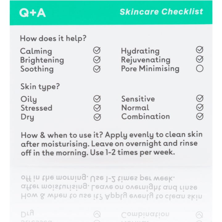 Q+A Cica Calming Overnight Face Mask 50 g beroligende ansiktsmaske med oversikt over fordeler og bruk.