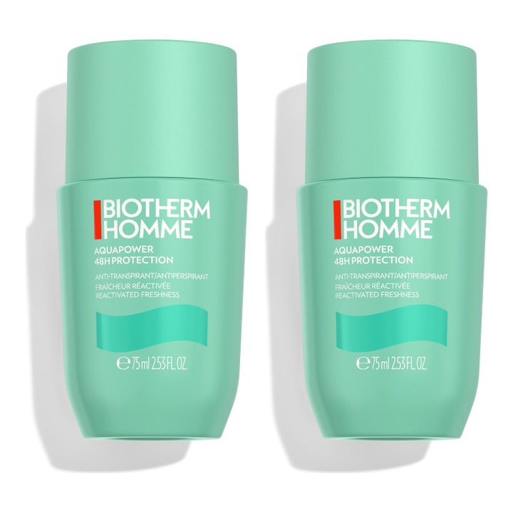 Biotherm Homme Aquapower 48H Protection 2x75ml antiperspirant gir friskhet i turkise roll-on flasker med grå korker.