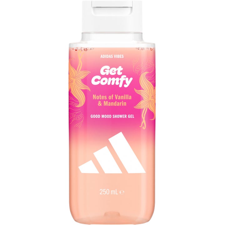 Adidas Vibes Get Comfy 250 ml dusjgelé som gir velvære i ferskenfarget flaske med hvite detaljer.