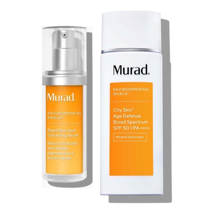 Murad Environmental Shield sett mot pigmentflekker med serum og SPF 50 i oransje og hvit pumpeflaske