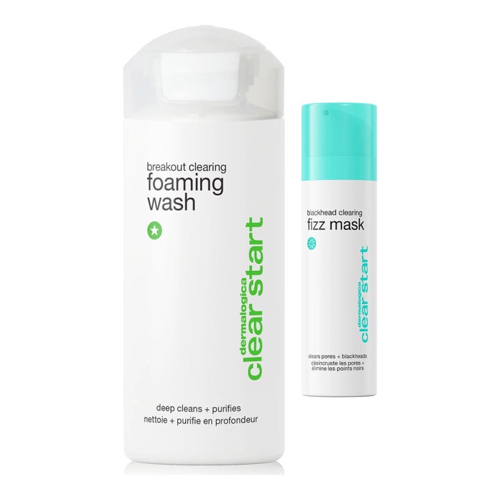 Dermalogica Clear Start Blackhead Clearing Fizz Mask og Foaming Wash sett mot uren hud i hvit og turkis emballasje