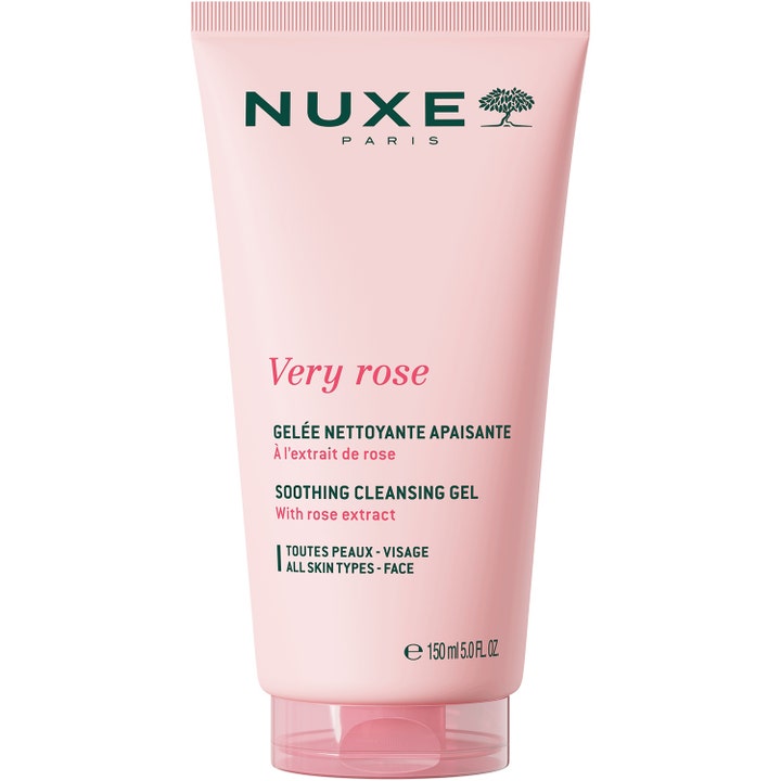 Nuxe Very Rose 150 ml beroligende rensegel med roseekstrakt i en dus rosa tube med mørkegrønn skrift og flippkork.
