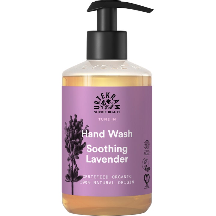 Urtekram Soothing Lavender Hand Wash 300 ml beroligende håndsåpe i gjennomsiktig pumpeflaske med lilla etikett