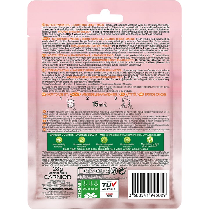 Garnier Moisture Bomb Tissue Mask 28 g beroligende sheetmaske viser baksiden av pakken med instruksjoner.