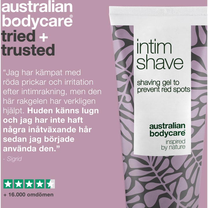 Australian Bodycare Intim Shave 100 ml barbergel til intimbarbering vist i hvit tube ved siden av en kundeomtale.