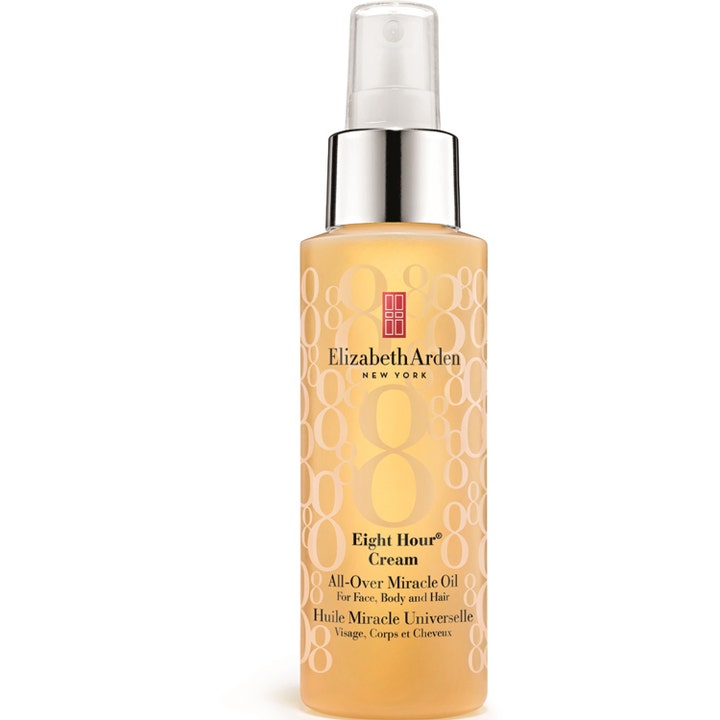 Elizabeth Arden Eight Hour Cream All-Over Miracle Oil pleiende olje på sprayflaske med gyllen tekstur og sølvpumpe
