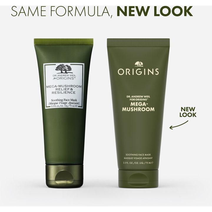 Origins Dr. Weil Mega-Mushroom 75 ml beroligende ansiktsmaske i to grønne tuber som viser nytt design