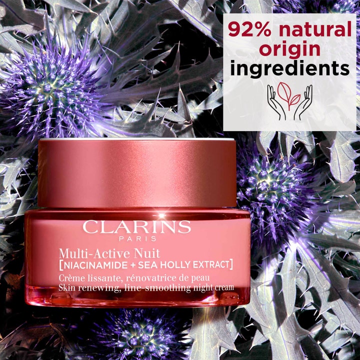 Clarins Multi-Active Nuit 50 ml fornyende nattkrem i rosa krukke med 92 % naturlige ingredienser og niacinamid.