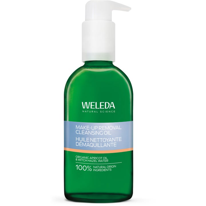 Weleda Make-up Removal Cleansing Oil 100 ml fjerner sminke i grønn glassflaske med hvit pumpe