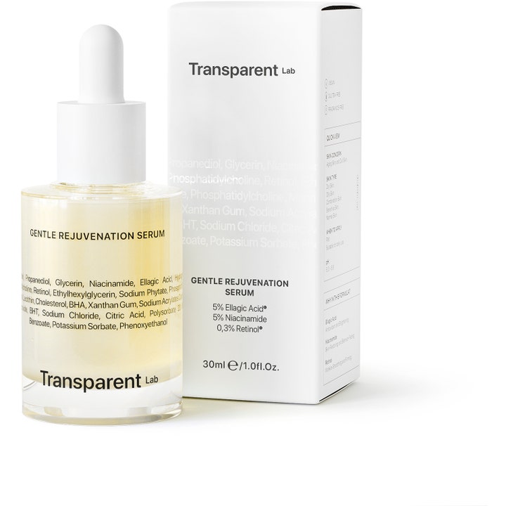 Transparent Lab Gentle Rejuvenation Serum 30 ml fornyende serum med retinol og niacinamide i glassflaske og eske