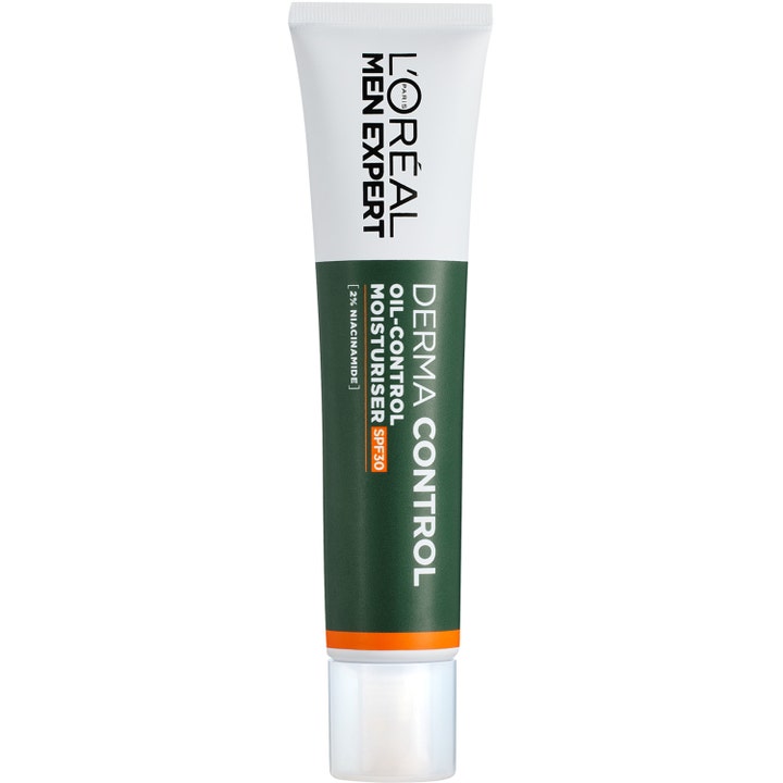 L'Oréal Men Expert Derma Control Oil-Control Moisturiser SPF30 gir mattende effekt i en grønn og hvit plasttube