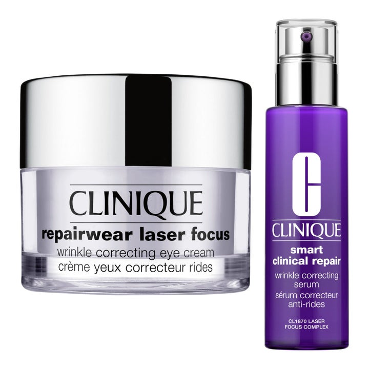 Clinique Repairwear Laser Focus og Smart Clinical Repair rynkekorrigerende øyekrem i krukke og lilla serum med pumpe.
