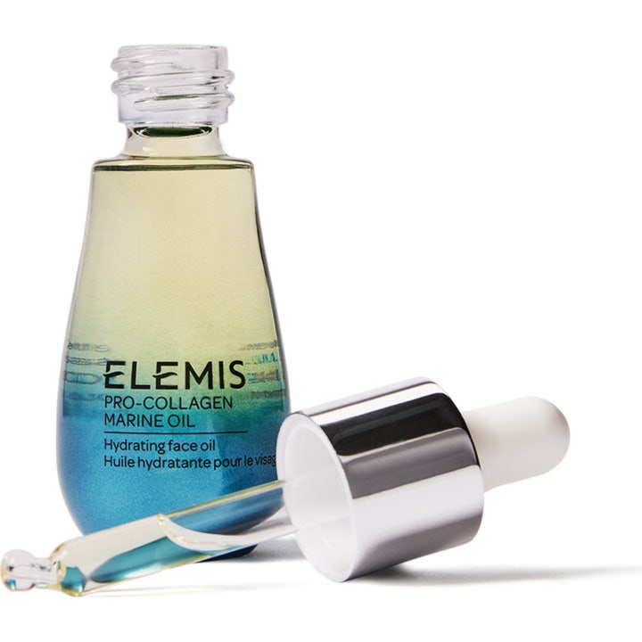 Elemis Pro-Collagen Marine Oil 15 ml fuktighetsgivende ansiktsolje i blåtonet glassflaske med sølvfarget pipette.