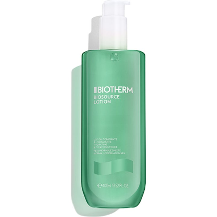Biotherm Biosource 400 ml ansiktsvann som gir fuktighet i grønn flaske med hvit pumpe for normal kombinert hud