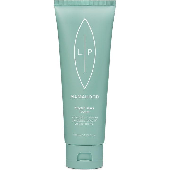 Mamahood Stretch Mark Cream 125 ml toner huden og reduserer strekkmerker i en mintgrønn tube med hvit logo