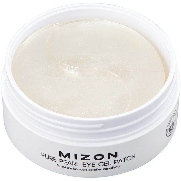 Mizon Premium Pure Pearl Eye Gel Patch 60 stk øyemasker i hvit krukke med glitrende perlehvite gellapper