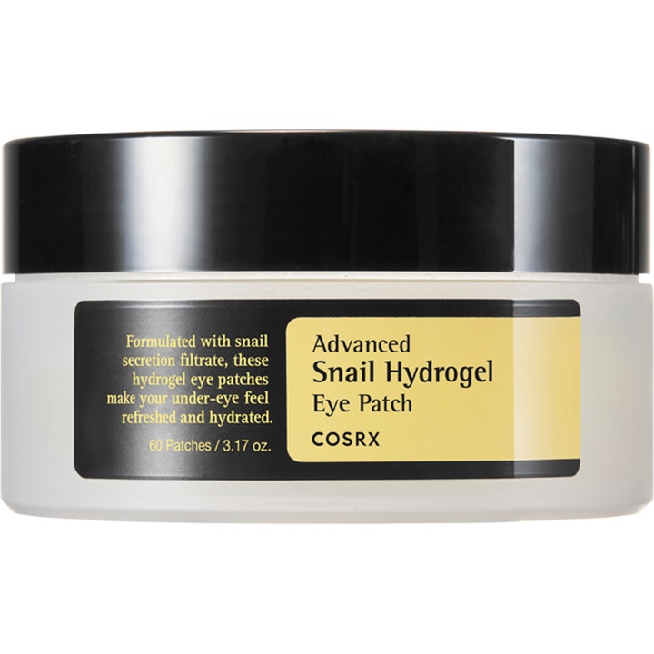 COSRX Advanced Snail Hydrogel Eye Patch 60 stk fuktighetsgivende øyemaske i hvit krukke med sort lokk
