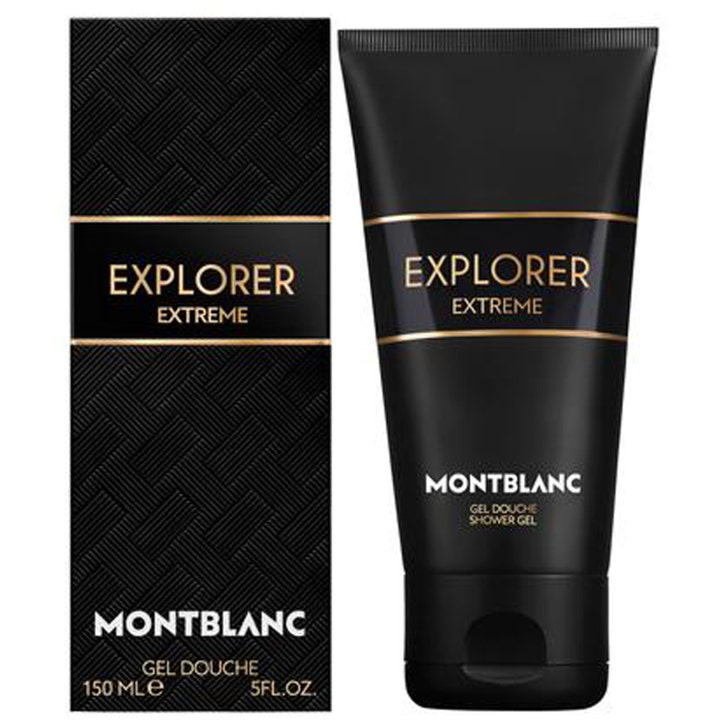 Montblanc Explorer Extreme 150 ml dusjsåpe i svart tube og eske med teksturert mønster og elegante gulldetaljer