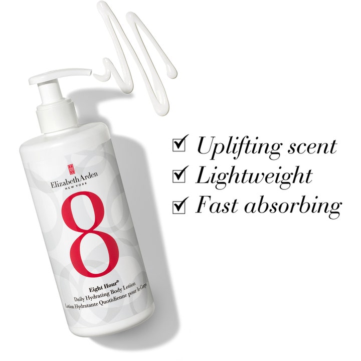Elizabeth Arden Eight Hour 380 ml fuktighetsgivende body lotion på hvit pumpeflaske med lett og hurtigabsorberende tekstur