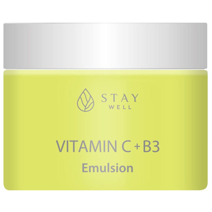 Stay Well Vitamin C + B3 Emulsion opplysende ansiktspleie i limegrønn krukke med sølvlokk som gir naturlig glød