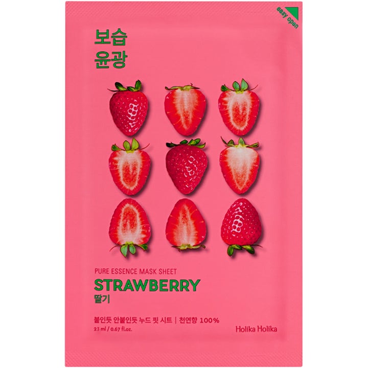 Holika Holika Pure Essence Mask Sheet Strawberry 23 ml glødgivende ansiktsmaske i rosa pose med motiv av ni jordbær