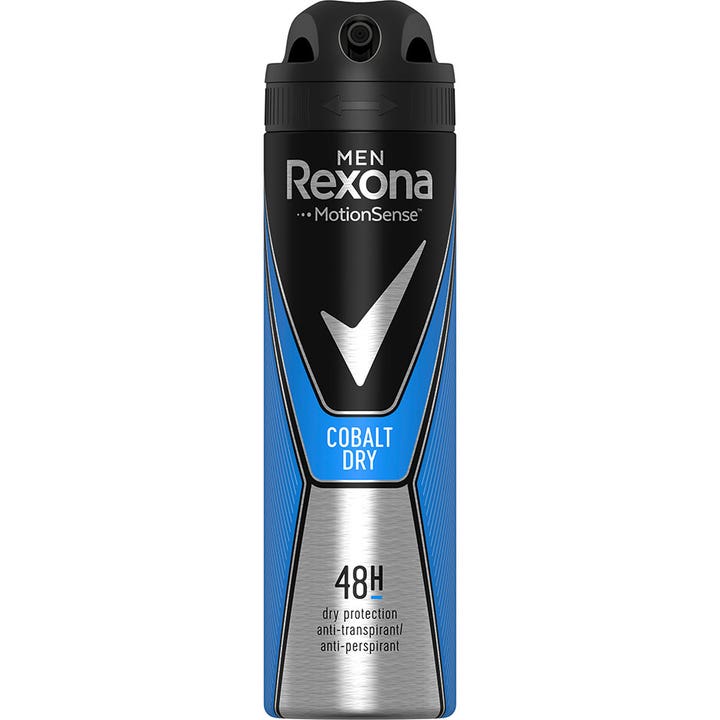 Rexona Men Cobalt Dry 150 ml antiperspirant spray gir 48 timers beskyttelse i en blå og sort flaske med sølvdetaljer