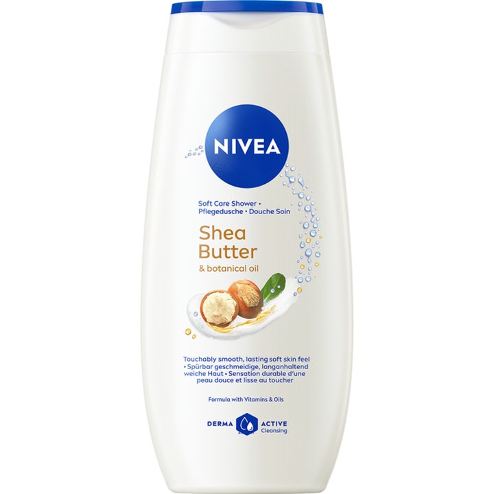 Nivea Shea Butter & Botanical Oil 250 ml pleiende dusjsåpe i hvit plastflaske med blått lokk og bilde av sheanøtter.