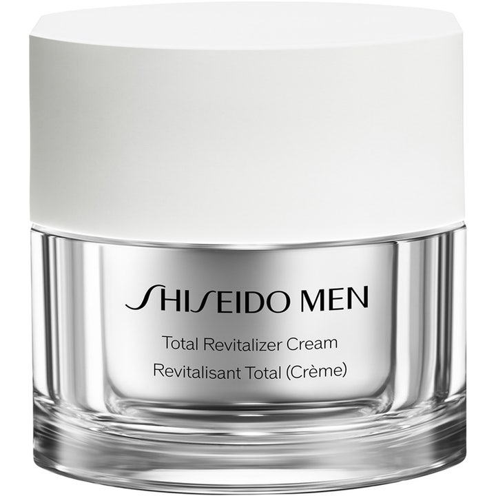 Shiseido Men Total Revitalizer Cream revitaliserende ansiktskrem i en elegant krukke av sølv og glass med hvitt lokk
